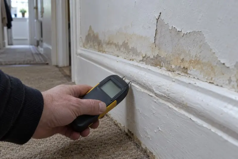 A moisture meter pressed against a water-damaged skirting board