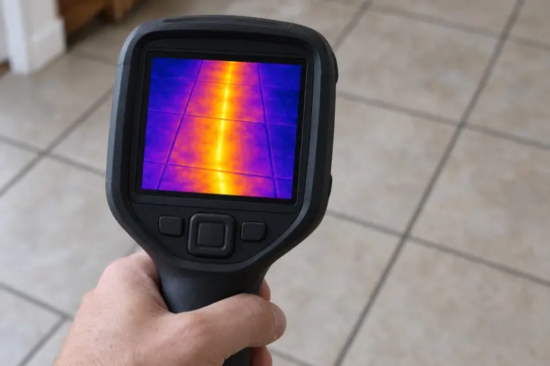 A thermal imaging camera showing a warm pipe running under a tiled floor